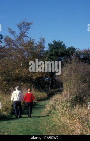 Ältere Paare Senioren gehen Hand in Hand entlang einer Spur am George C. Reifel wandernden Vogelschutzgebiet in Delta, British Columbia. Stockfoto