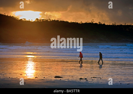 Paare, die entlang des Strandes bei Cox Bay in der Nähe von Tofino während des Sonnenuntergangs einen Übergangsbereich der Clayoquot Sound UNESCO Biosphäre. Stockfoto