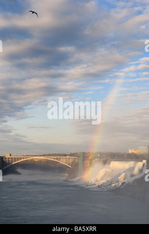 Regenbogen und Sonne auf die amerikanischen Niagarafälle mit der Regenbogen-Brücke über den Niagara River mit Vogel von der kanadischen Seite Stockfoto