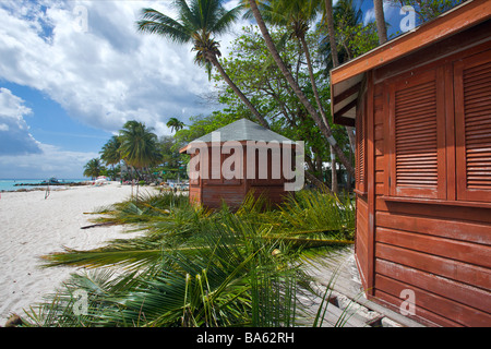 Strandhütten in der Entwicklung, bedeckt mit Kokosnussblättern in Worthing Strand, Barbados, "West Indies" Stockfoto