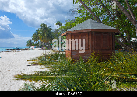 Strandhütten in der Entwicklung, bedeckt mit Kokosnussblättern in Worthing Strand, Barbados, "West Indies" Stockfoto