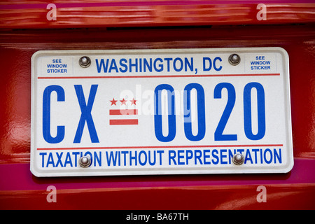 Ein Washington DC Kfz-Kennzeichen mit dem Slogan: Besteuerung ohne Darstellung. Stockfoto