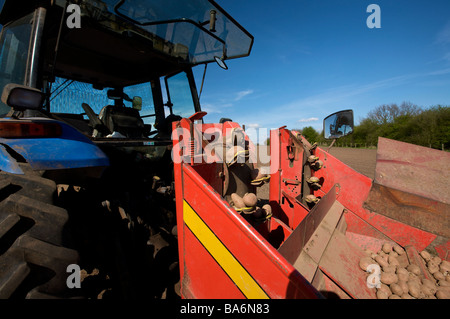 Pflanzen von Kartoffeln mit einem New Holland TS90 4WD Traktor UK Stockfoto