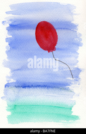Aquarell auf strukturiertem Papier zeigt roten Ballon gegen blauen Himmel Stockfoto