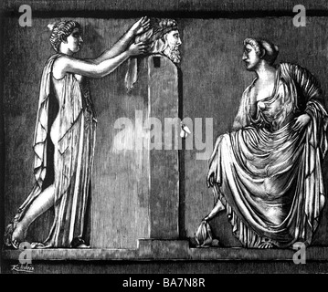 Hermes, (lat. Mercurius), griechische Gottheit, Bote, als Hermes Trismegitos, Gründer der Alchemie, bewundert von zwei Frauen, Erleichterung, Glyptothek München, Deutschland, Stockfoto