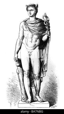 Hermes, (lat. Mercurius), griechische Gottheit, Bote, Statue, Villa Borghese, Rom, Holzgravur, 19. Jahrhundert, Stockfoto