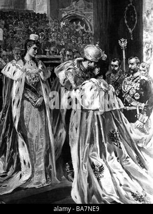 Nikolaus II Alexandrowitsch, 6.5.1868 - 16.7.1918, Kaiser von Russland 21.10.1894 - 2.3.1917, Krönung, die seine Mutter Maria Feodorovna, 26.5.1896, Kaiserin Alexandra Feordovna der Links, Links, Artist's Urheberrecht nicht gelöscht werden Stockfoto
