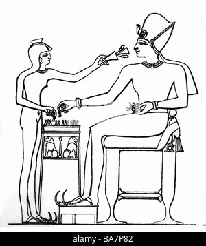 Ramesses III, ca. 1221 - 7,4.1156 v. Chr., Pharao von Ägypten 1187 - 1156 v. Chr. (20. Dynastie), volle Länge, mit einer seiner Wehkäfige, ein Brettspiel spielend, Zeichnung, 19. Jahrhundert, nach zeitgenössischer Malerei,