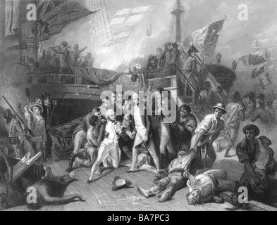 Nelson, Horatio, 29.9.1758 - 21.10.1805, britischer Admiral, Tod in der Schlacht von Trafalgar, Stahlstich von Greatbach, Jahrhundert, Artist's Urheberrecht nicht gelöscht werden Stockfoto