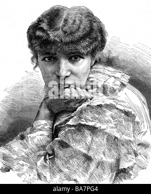 Bernhardt, Sarah, 22.10.1844 - 26.3.1923, französische Schauspielerin, Porträt, Holzgravur, ca. 1881, Stockfoto