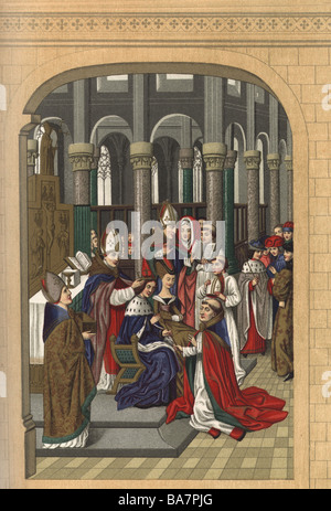 Karl V. 'der Weise', 21.1.1338 - 16.9.1380, König von Frankreich 1364 - 1380, Szene, Krönung in Reims, 19.5.1364, Chromolithograph, 19. Jahrhundert, nach Miniatur aus den 'Chroniques' von Jean Froissart, 1523, Bibliotheke Nationale, Paris, Stockfoto
