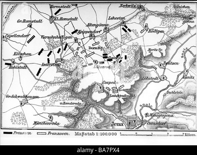 Ereignisse, Krieg der Forth Coalition von 1806-6, Schlacht bei Jena 14.10.1806, Plan, Holzgravur, 19. Jahrhundert, napoleonische Kriege, Deutschland, Sachsen, Karte, historisch, historisch, kartographisch, Stockfoto