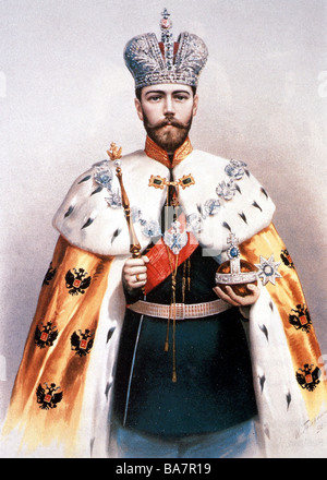 Nikolaus II. Alexandrowitsch, 6.5.1868 - 16.7.1918, Kaiser von Russland 21.10.1894 - 2.3.1917, halbe Länge im Krönungsgewand, lithograph, 1896, Stockfoto