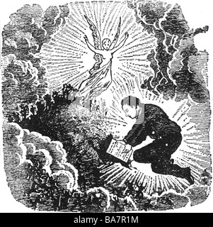 Smith, Joseph, Jr., 23.12.1805 - 27.6.1844, Gründer der Bewegung Des Heiligen Des Letzten Tages (Mormonismus), Szene, mit Engel, Lesen des Buches Mormon, Zeichnen, 19. Jahrhundert, Stockfoto