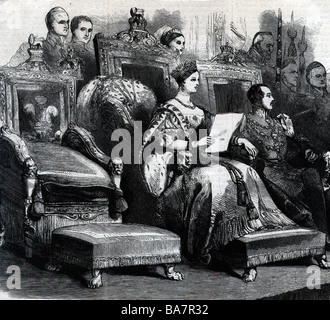 Victoria I, 24.5.181 - 22.1.1901, Königin von Großbritannien und Irland 20.6.1837 - 22.1.1901, Eröffnung des Parlaments, um das Jahr 1847, Holzgravur, 19. Jahrhundert, Stockfoto
