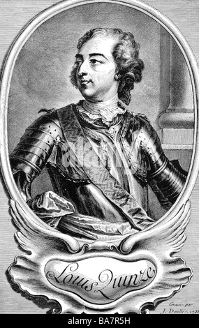 Louis XV, 15.2.1710 - 10.5.1774, König von Frankreich 1715-1774, halbe Länge, in der Rüstung, Kupferstich von J.Daulle, 1738, Artist's Urheberrecht nicht gelöscht werden Stockfoto