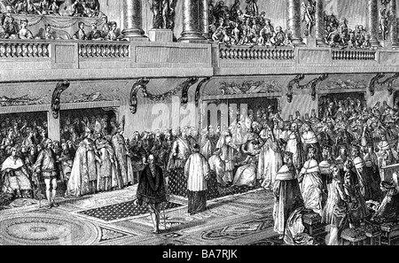 Ludwig XVI., 23.8.1754 - 21.1.173, König von Frankreich 10.5.4.4.4. - 21.9.173. Februar, in Reims, 11.6.1775, Radierung nach dem Gemälde von Jean Michel Moreau dem Jüngeren (1741-1814), Stockfoto