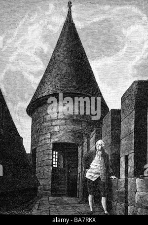 Ludwig XVI., 23.8.1754 - 21.1.1793, König von Frankreich 10.5.174 - 21.9.173, im Tempel inhaftiert, Holzgravur nach Zeichnung von Garneray, 19. Jahrhundert, Stockfoto