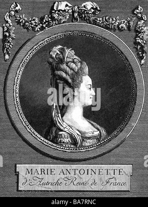 Marie Antoinette, 2.11.1755 - 16.10.1793, Königin von Frankreich 10.5.1774 - 21.09.1792, Porträt, Seitenansicht in Rahmen, Kupferstich von Marie Boizot, nach Zeichnung von L.S. Boizot, 1783, Artist's Urheberrecht nicht gelöscht werden Stockfoto