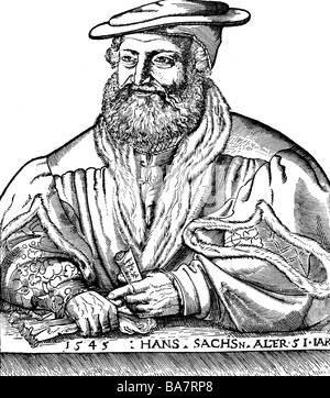 Sachs, Hans 5.11.1494 - 19.1.1576, deutscher Dichter, meistersinger, halbe Länge, 51 Jahre alt, Holzschnitt von Hans Brosamer, Nürnberg 1545, Stockfoto