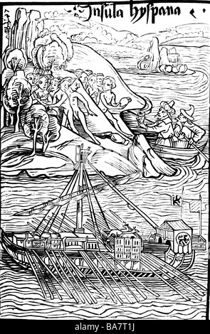 Kolumbus, Christopher, 1451 - 20.5.1506, italienischer Entdecker, Landung auf Espanola, Oktober 1492, zeitgenössische Broschüre, Holzschnitt, Basel, 1494, Stockfoto