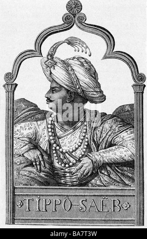 Tippu, 1751 - 4.5.1799, Sultan von Mysore 10.12.179 - 4.5.1799, Porträt, Gravur von Favart, Stockfoto