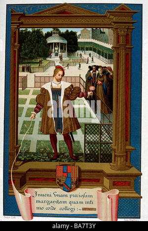 Henri IV, 13.12.1553 - 14.5.1610, König von Frankreich 27.2.1594 - 14.5.1610, volle Länge, im Garten von Alencon, Chromolithograph von Pralon nach Miniatur, 16. Jahrhundert, Stockfoto