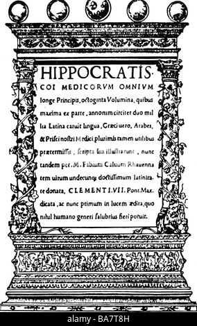 Hippokrates von Cos, ca. 460 - ca. 377 v. Chr., griechische Ärzte/Ärzte, Titel des "Corpus Hippocraticum", Erstausgabe der von Hippokratisch gesammelten Schrift, Rom, 1525, Stockfoto