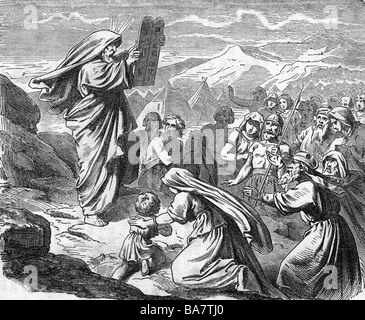 Moses, biblische Figur, Prophet und religiöser Führer, die Tafeln zum Israeliten bringen, Holzgravur, 19. Jahrhundert, Stockfoto