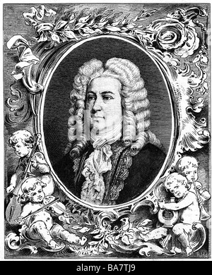 Händel, George Frideric, 23.2.1685 - 14.4.1759, deutscher Komponist, Porträt, Holzgravur, 19. Jahrhundert, Stockfoto