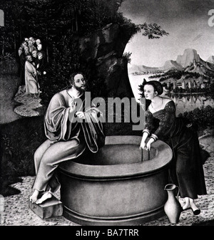 Jesus Christus, ca. 4 v. Chr. - ca. 33 v. Chr., "Christus und die Samariterin am Brunnen Jakobs", Gemälde von Lucas Cranach dem älteren, 1530, Stockfoto