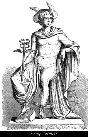 Hermes, (lat. Mercurius), griechische Gottheit, Bote, Holzgravur, 19. Jahrhundert, nach antiker Statue, Stockfoto