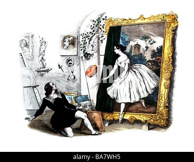 Elssler, Fanny, 23.10.1810 - 27.11.1884, österreichische Ballerina, volle Länge, tritt aus einem Gemälde heraus, dem verängstigten Künstler, dem 19. Jahrhundert, entgegen Stockfoto