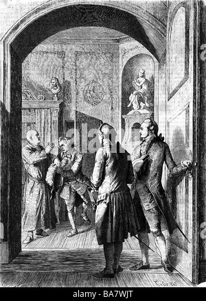 Goethea, Johann Wolfgang, 28.8.1749 - 22.3.1832, deutscher Autor/Schriftsteller, Visiting ohann Christoph Gottsched, Holzgravur nach Zeichnung von Theobald von Oer, 19. Jahrhundert, Stockfoto