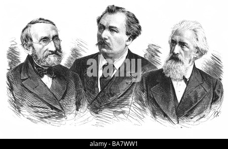 Flotow, Friedrich von, 26.4.1812 - 24.1.1883, Deutscher Komponist, Porträt (rechts), zusammen mit Gustave Dore (Mitte) und Georg Howaldt (links), Holzstich,, Artist's Urheberrecht nicht gelöscht werden Stockfoto