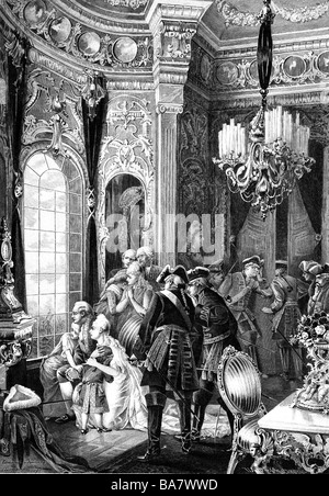 Ludwig XVI., 23.8.1754 - 21.1.1793, König von Frankreich 10.5.174 - 21.9.173, mit seiner Familie am Morgen des 6.10.1789 in Versailles, Holzgravur nach Edmund Bruening, 1899, Stockfoto