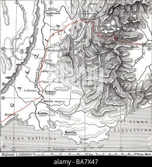 Kartografie, historische Karte, alte Welt, Zweiter Punischer Krieg 218 - 201 v. Chr., Route Hannibal und karthagische Armee über die Alpen, 218 v. Chr., Holzgravur, 1896, Stockfoto