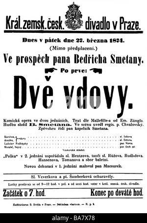 Smetana, Bedrich, 2.3.188 - 12.5.1884, tschechischer Komponist, Pianist, Werke, Spielabrechnung für die Premiere von "The Two Widows" (Dve vdovy), Prag, 1874, Stockfoto