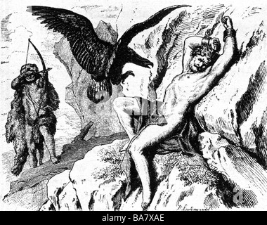 Herakles, griechische Gottheit und göttlicher Held, volle Länge, Adler töten, Zeichnung von Leutemann, 19. Jahrhundert, Stockfoto