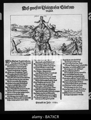 Friedrich V., 16.8.1596 - 21.11.1632, Kurfürst Palatin 1610 - 1623, König von Böhmen 1619 - 1620 (als Friedrich I.), halbe Länge, katholische Karikatur bei seinem auf- und Untergang, 1621, Stockfoto