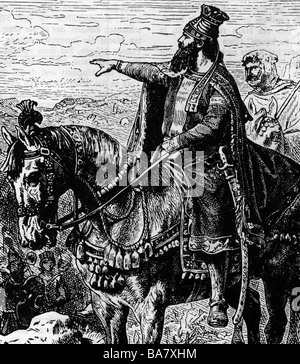 Cyrus II 'der Große', König von Persien 559 - 529 v. Chr., halbe Länge zu Pferd, Gravur, 19. Jahrhundert, Stockfoto