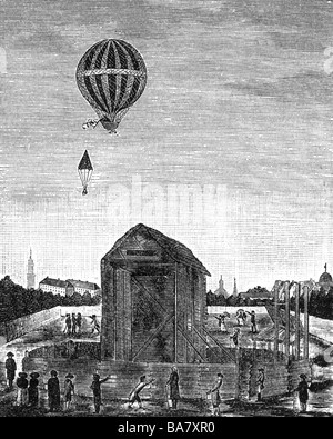 Blanchard, Jean-Pierre, 4.7.1750 - 7.3.1809, französischer Pilot, Flug mit Ballon über den Bohrplatz in Tiergarten, Berlin, 27.9.1788, zeitgenössische Radierung durch Anonymous, Stockfoto