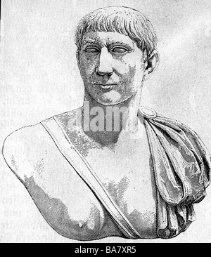 Trajan (Marcus Ulpius Traianus), 18.9.53 - 8.8.117, römischer Kaiser 27.1.98 - 8.8.117, Porträt, Büste, Santiponce, Sevilla, Holzgravur, 19. Jahrhundert, Stockfoto