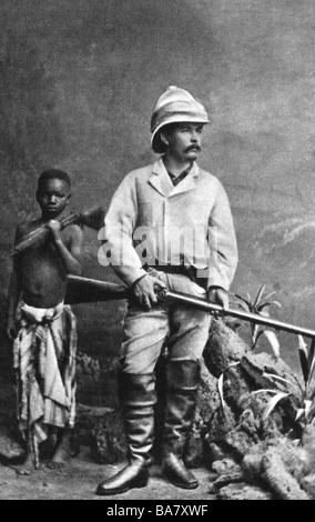 Stanley, Henry Morton (geboren als John Rowlands), 28.1.1841 - 10.5.1904/05, Entdecker in Britisch-Afrika, volle Länge in tropischer Uniform, Foto, ca. um 1880, Stockfoto