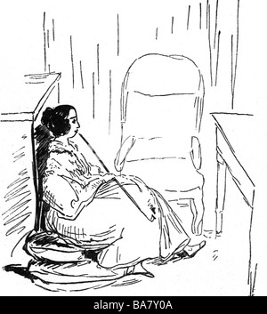Sand, George (geboren als Aurore Dupin), 1.7.1804 - 8.6.1876, französischer Autor/Schriftsteller, voller Länge, rauchende Pfeife, nach Zeichnung, von Alfred de Musset (1810 - 1857), Stockfoto