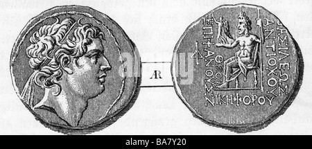 Antiochus IV. Epiphanes, später 204 - 164 v. Chr., König des Seleukidenreiches 175 - 164 v. Chr., Porträt, Seitenansicht, Holzgravur, 19. Jahrhundert, nach antiker Münze, rechte Seite: Zeus, Stockfoto