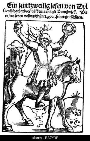 Eulenspiegel, Till (1300 - 1350), deutscher Joker, halbe Länge, Titel der ersten erhaltenen Ausgabe des Eulenspiegels, gedruckt 1515 in Straßburg von Johann Grieninger, British Museum London, Stockfoto