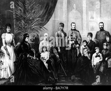 Franz Joseph I., 18.8.1830 - 21.11.1916, Kaiser von Österreich seit 1848, mit seiner Familie, Holzgravur nach Zeichnung von Theodor Volz, Stockfoto