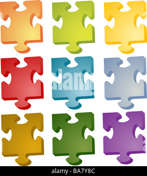 Satz von Jigsaw Puzzle-Teile in verschiedenen Farben Stockfoto