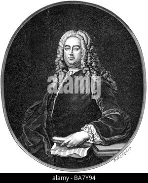 Händel, George Frideric, 23.2.1685 - 14.4.1759, deutscher Musiker (Komponist), halbe Länge, Holzgravur von Richard Bong, 19. Jahrhundert, Stockfoto